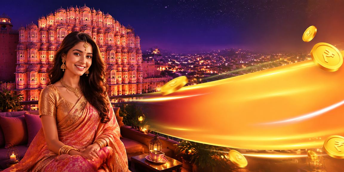 Jaipur Hawa Mahal illuminated at night with busy street view